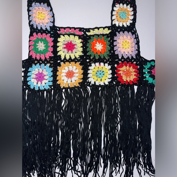 Crochet Granny Square Black Fringe Crop Top Small - Picture 3 of 9